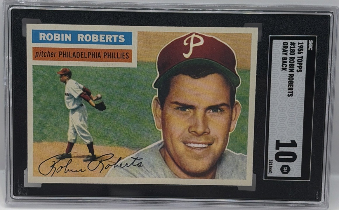 1956 TOPPS GRAY BACK #180 ROBIN ROBERTS SGC 10 GEM MINT POP 1 HOF SUPER RARE 1956 TOPPS GRAY BACK #180 ROBIN ROBERTS SGC 10 GEM MINT POP 1 HOF SUPER RARE