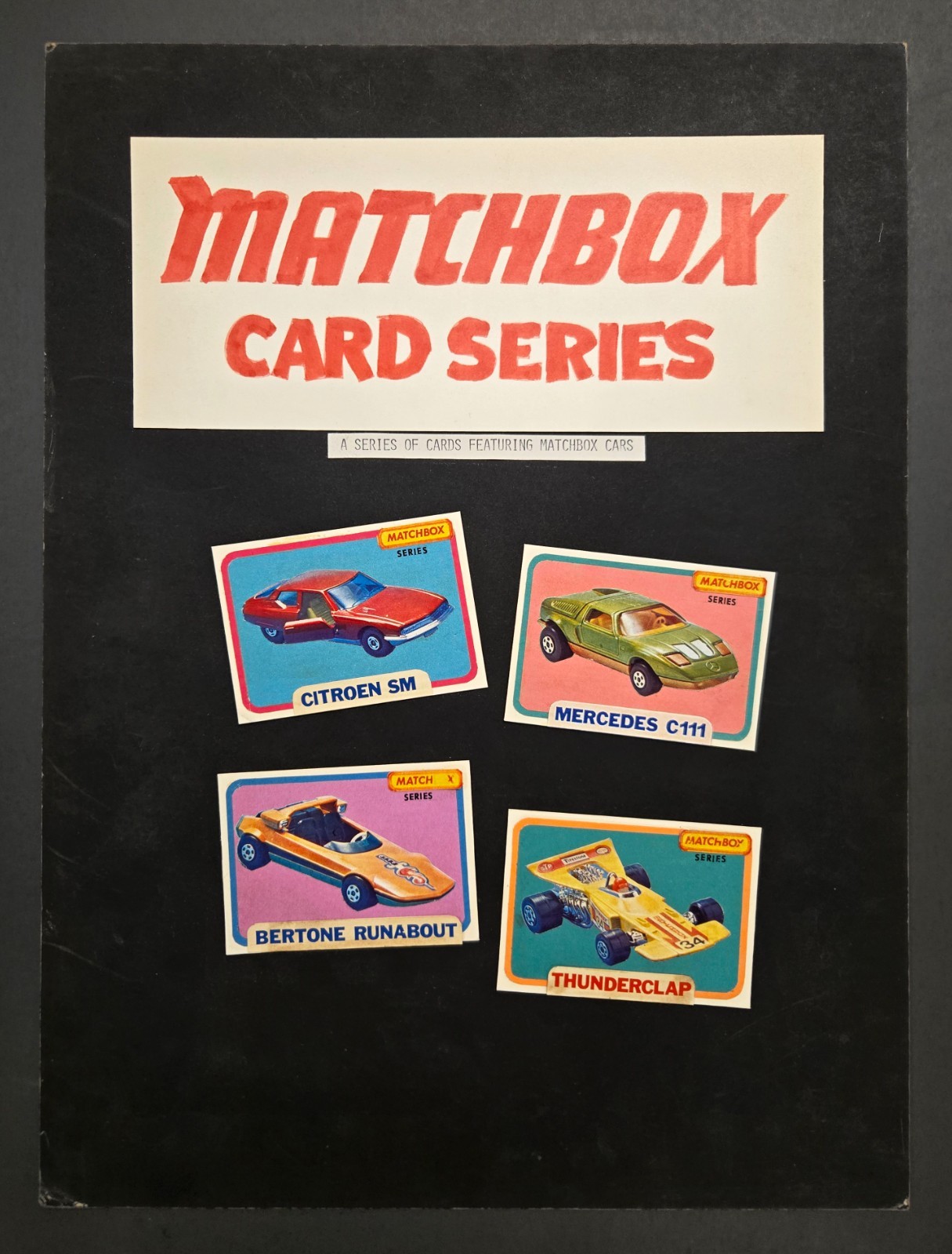 1971 Topps Matchbox Speed Kings: 4 Prototype Cards on Art Board - One of a kind 1971 Topps Matchbox Speed Kings: 4 Prototype Cards on Art Board - One of a kind