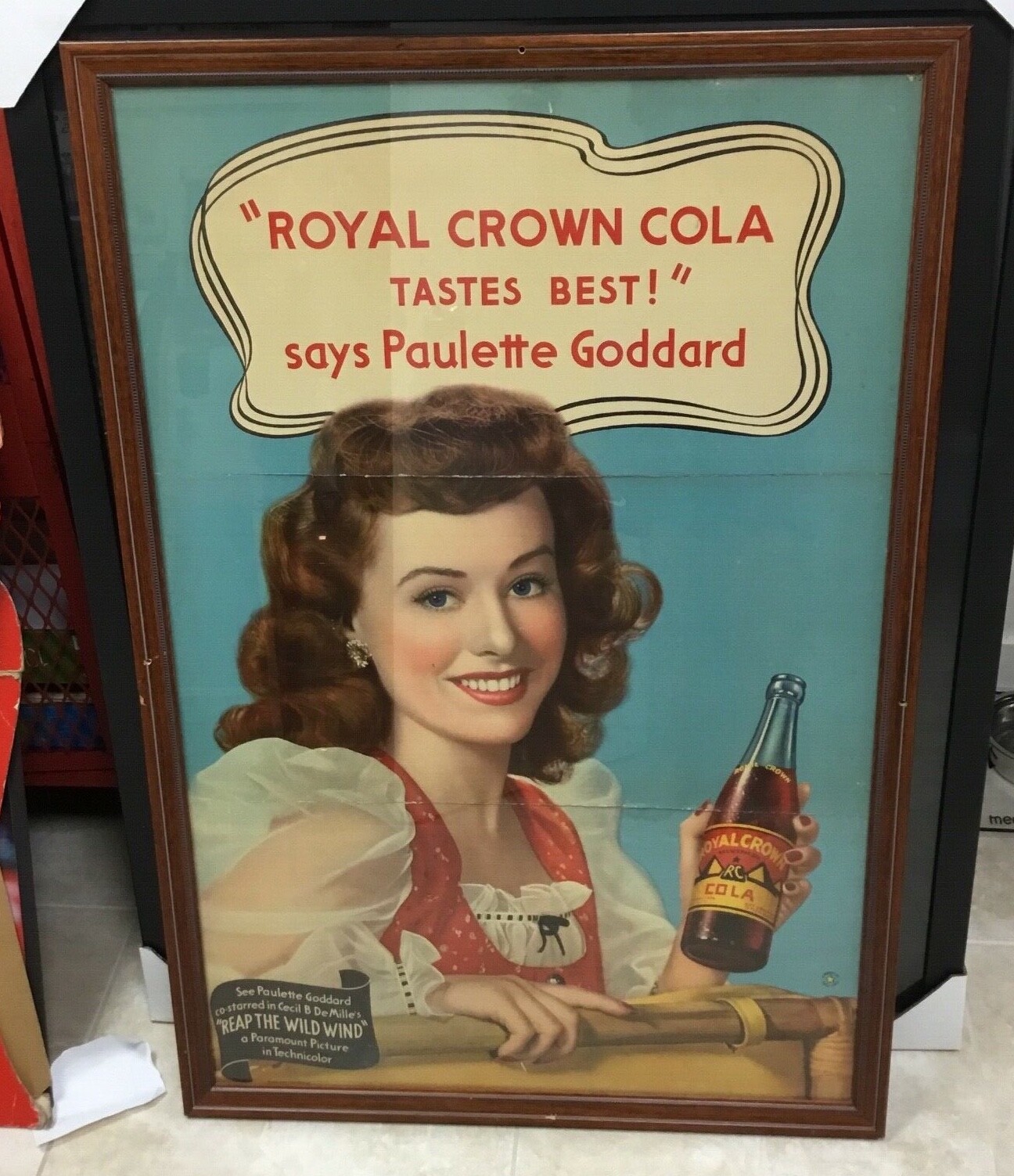 ORIGINAL VTG 1942 ROYAL CROWN COLA ADVERTISING POSTER PAULETTE GODDARD Store 