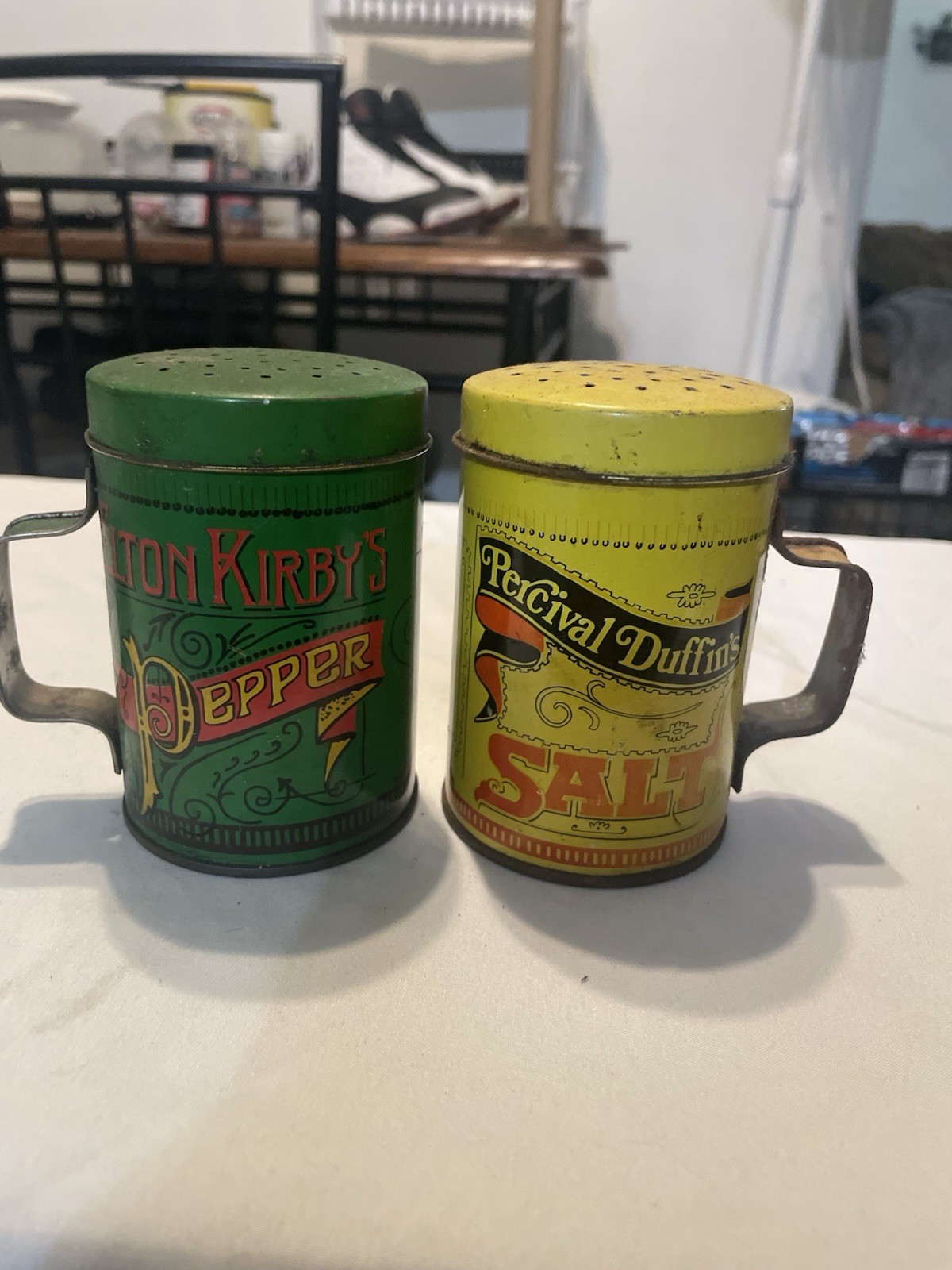 Percival Duffin’s & Elton Kirby’s Tin Salt Pepper Shakers Set Nostalgic Vintage Percival Duffin’s & Elton Kirby’s Tin Salt Pepper Shakers Set Nostalgic Vintage