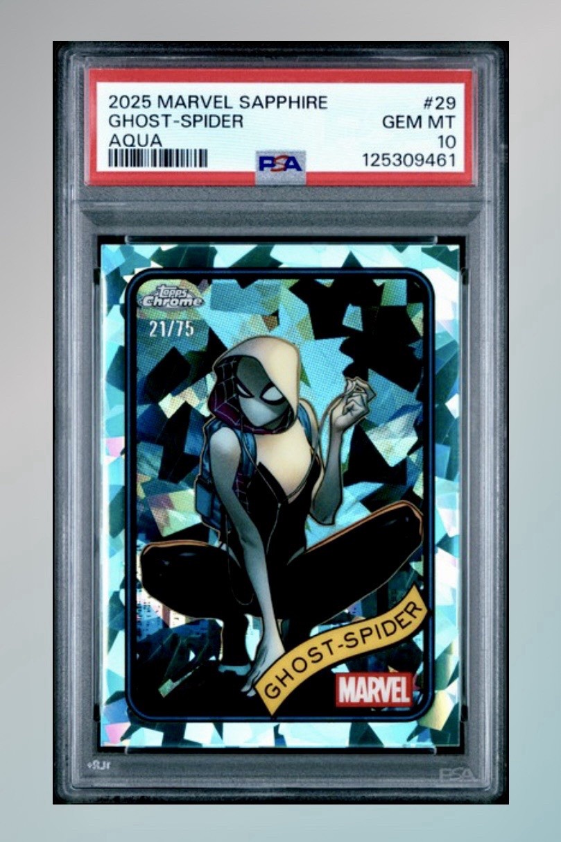 2025 Topps Chrome Marvel Sapphire GHOST-SPIDER /75 Aqua Refractor PSA 10 Gem 💎
