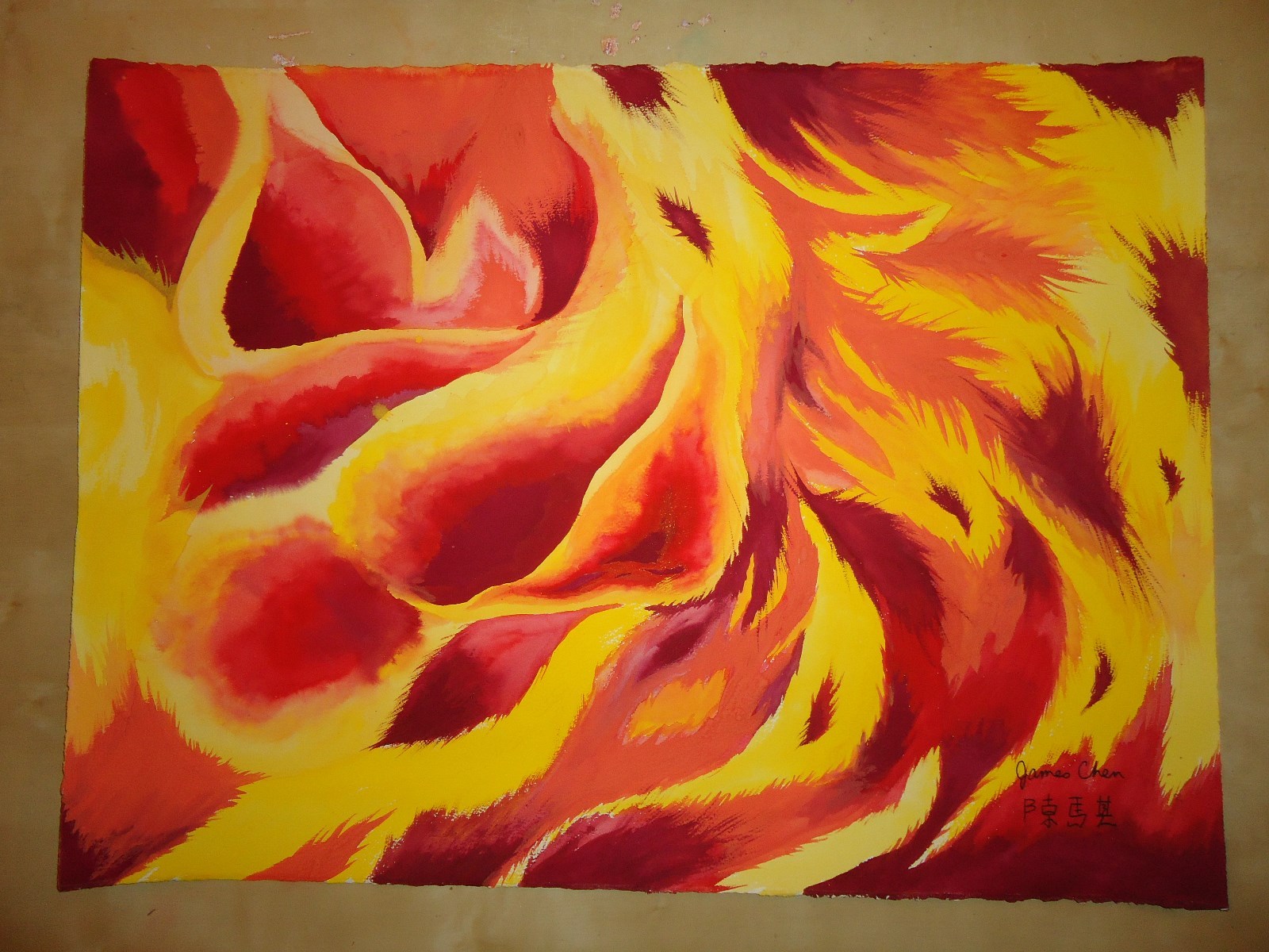ORIGINAL HUGE PAINTING ENTITLED ''THE BURNING FLAME'' BY COMIC ARTIST JAMES CHEN