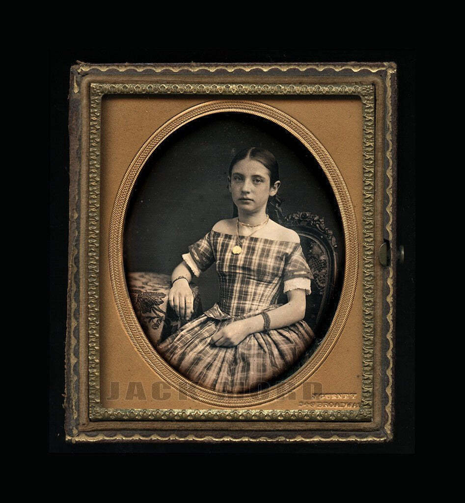 J Gurney Daguerreotype Photo Pretty Girl Gold Jewelry Dated 1854 New York 1800s J Gurney Daguerreotype Photo Pretty Girl Gold Jewelry Dated 1854 New York 1800s