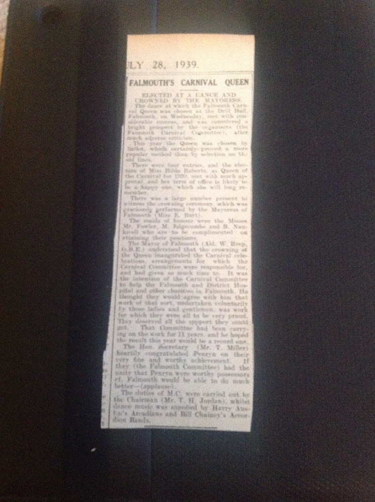 64-3 ephemera 1939 Falmouth Carnival Queen Hilda Roberts July Elected
