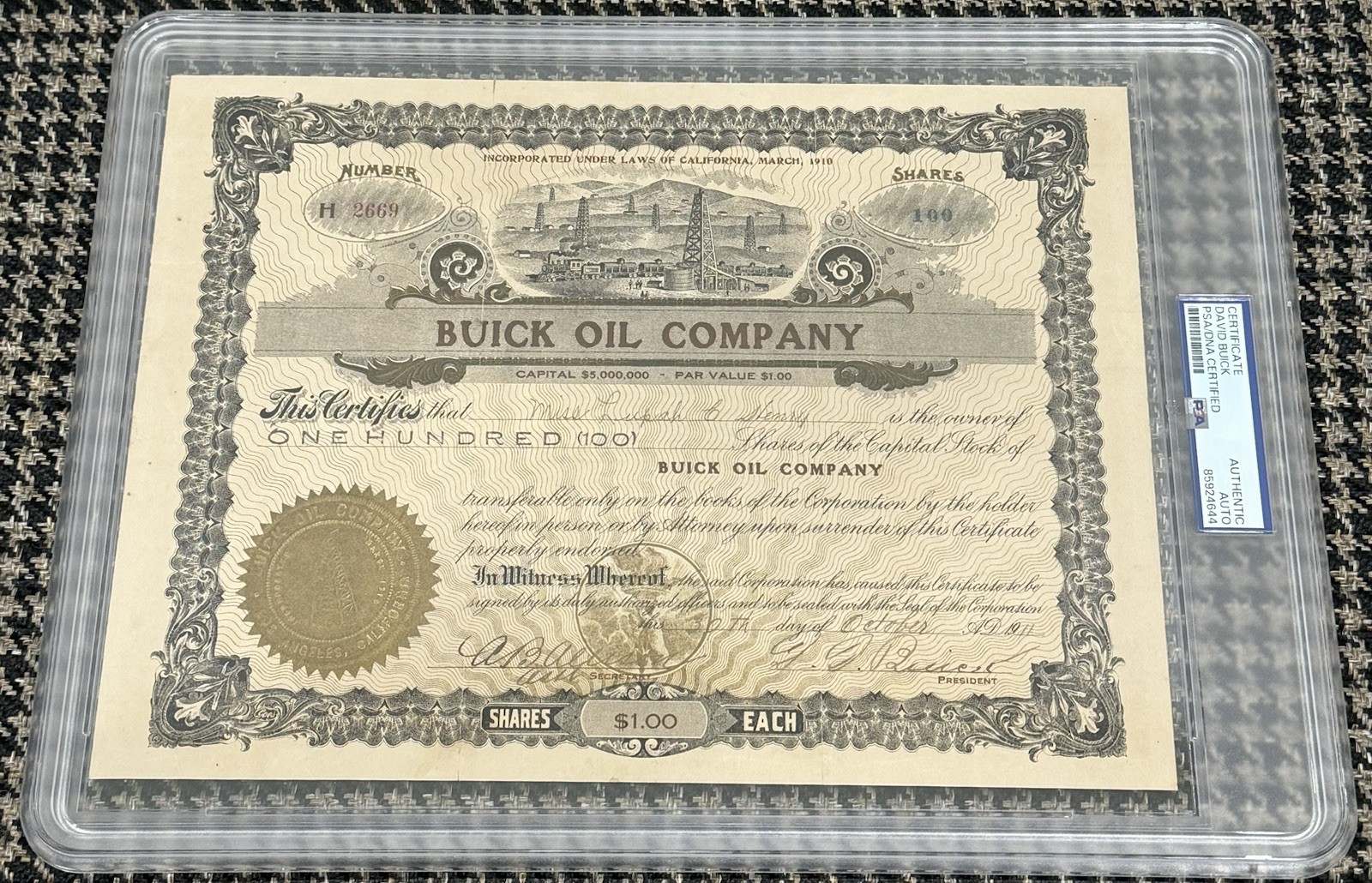David Dunbar Buick Signed Autograph Buick Oil Co. Stock Certificate PSA/DNA