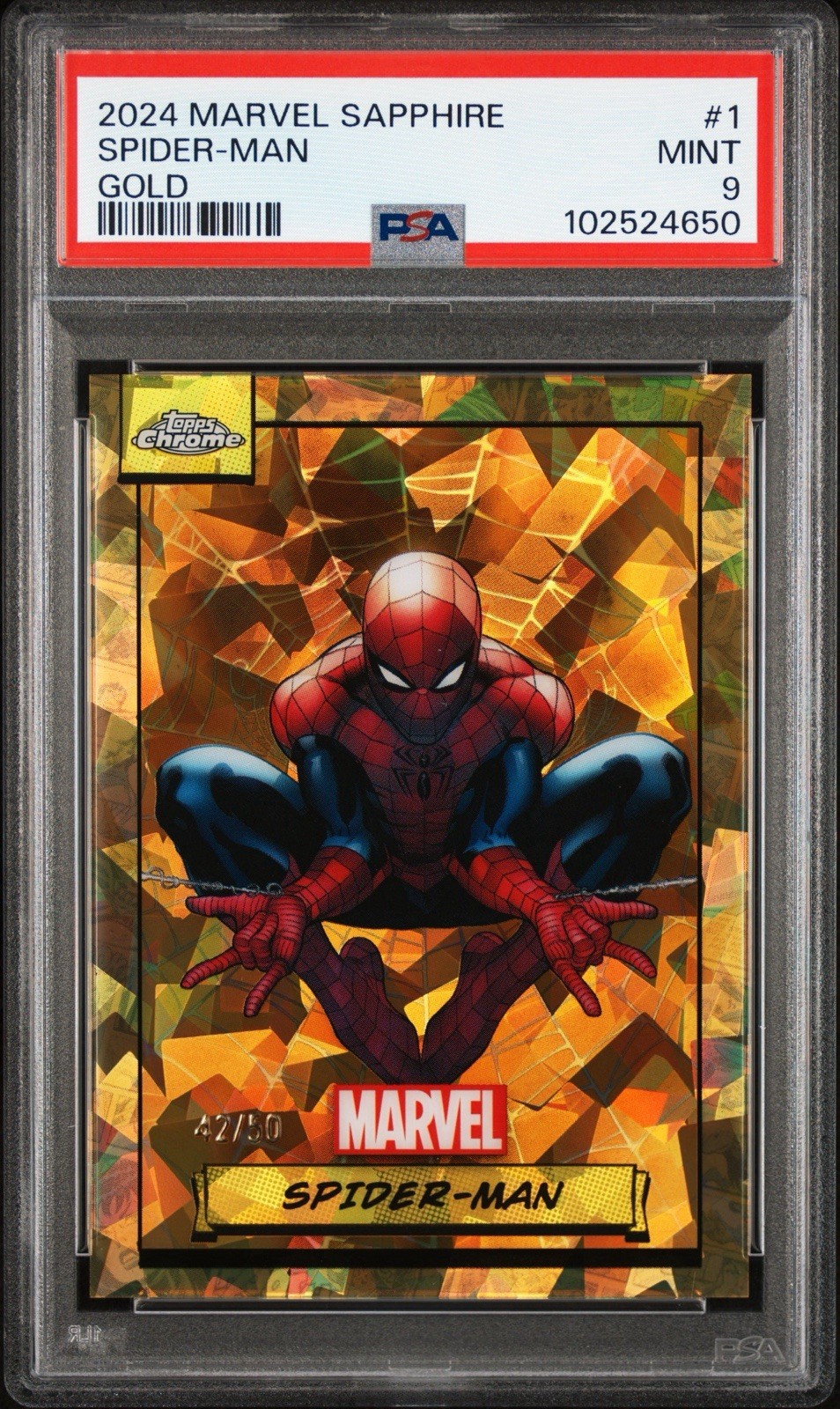 Spider-Man Gold /50 Sapphire 2024 Topps marvel Chrome - PSA 9 - CLEAN