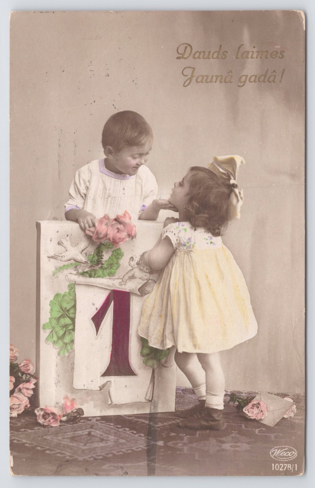 New Year Best Wishes In Latvian~Lil Boy & Girl~Lg “1” Cal Pg~Real Photo PC~RPPC New Year Best Wishes In Latvian~Lil Boy & Girl~Lg “1” Cal Pg~Real Photo PC~RPPC