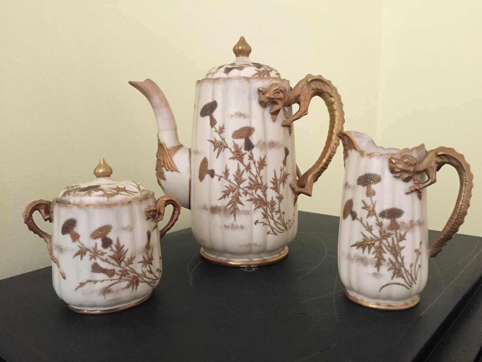 Belleek Antique Rare Willets Gilt Dragon Handled Chocolate Pot, Cream & Sugar Belleek Antique Rare Willets Gilt Dragon Handled Chocolate Pot, Cream & Sugar