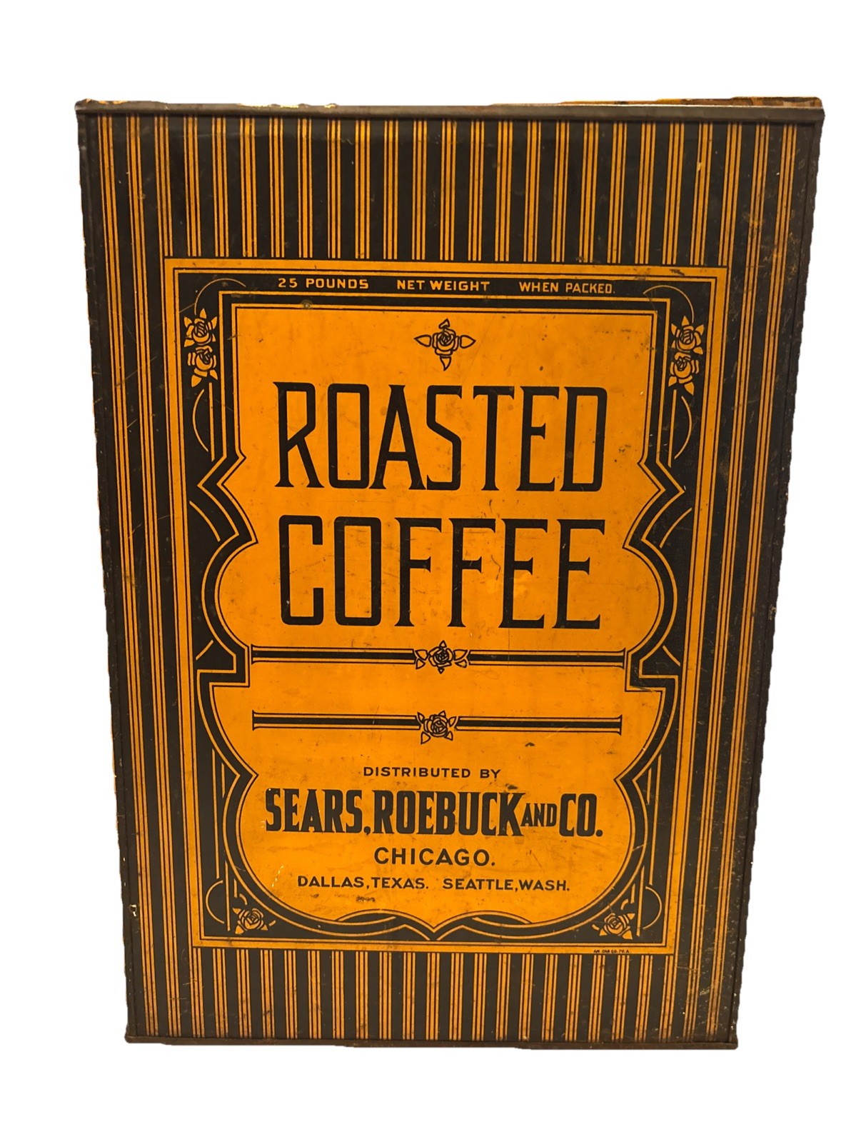 RARE ROASTED COFFEE 25 LB TIN SEARS ROEBUCK & CO. CHICAGO STORE DISPLAY RARE ROASTED COFFEE 25 LB TIN SEARS ROEBUCK & CO. CHICAGO STORE DISPLAY
