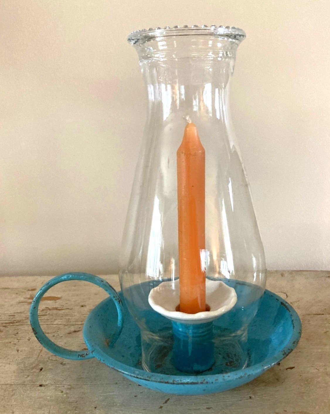 Antique BLUE Painted Tin CHAMBERSTICK / CANDLEHOLDER PAN - c. 1870-1880s Antique BLUE Painted Tin CHAMBERSTICK / CANDLEHOLDER PAN - c. 1870-1880s