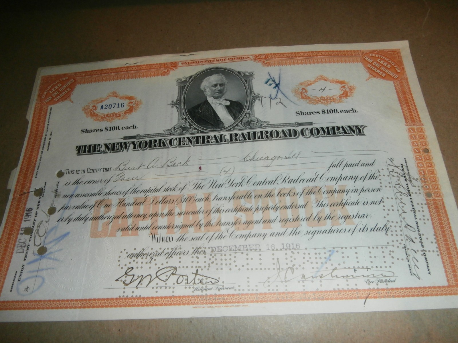 Vintage New York Central Railroad Co Stock Certificate 1916 Burt Beck Chicago Vintage New York Central Railroad Co Stock Certificate 1916 Burt Beck Chicago