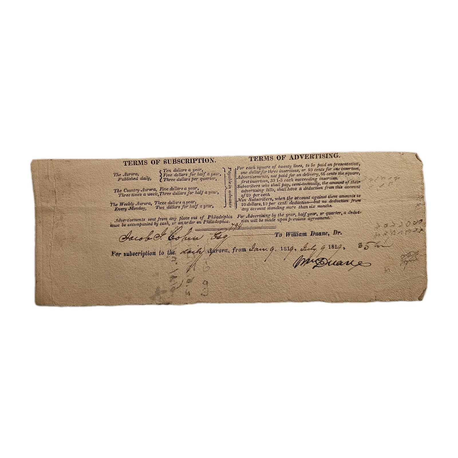 1819 William Duane Signed Aurora Newspaper Receipt to Jacob I Cohen Jr Baltimore