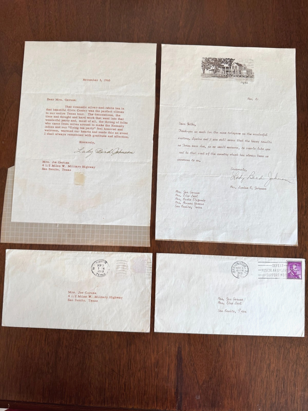 LADY BIRD JOHNSON JFK 1960 SIGNED LETTERS PRE & POST VICTORY ELECTION SET LADY BIRD JOHNSON JFK 1960 SIGNED LETTERS PRE & POST VICTORY ELECTION SET