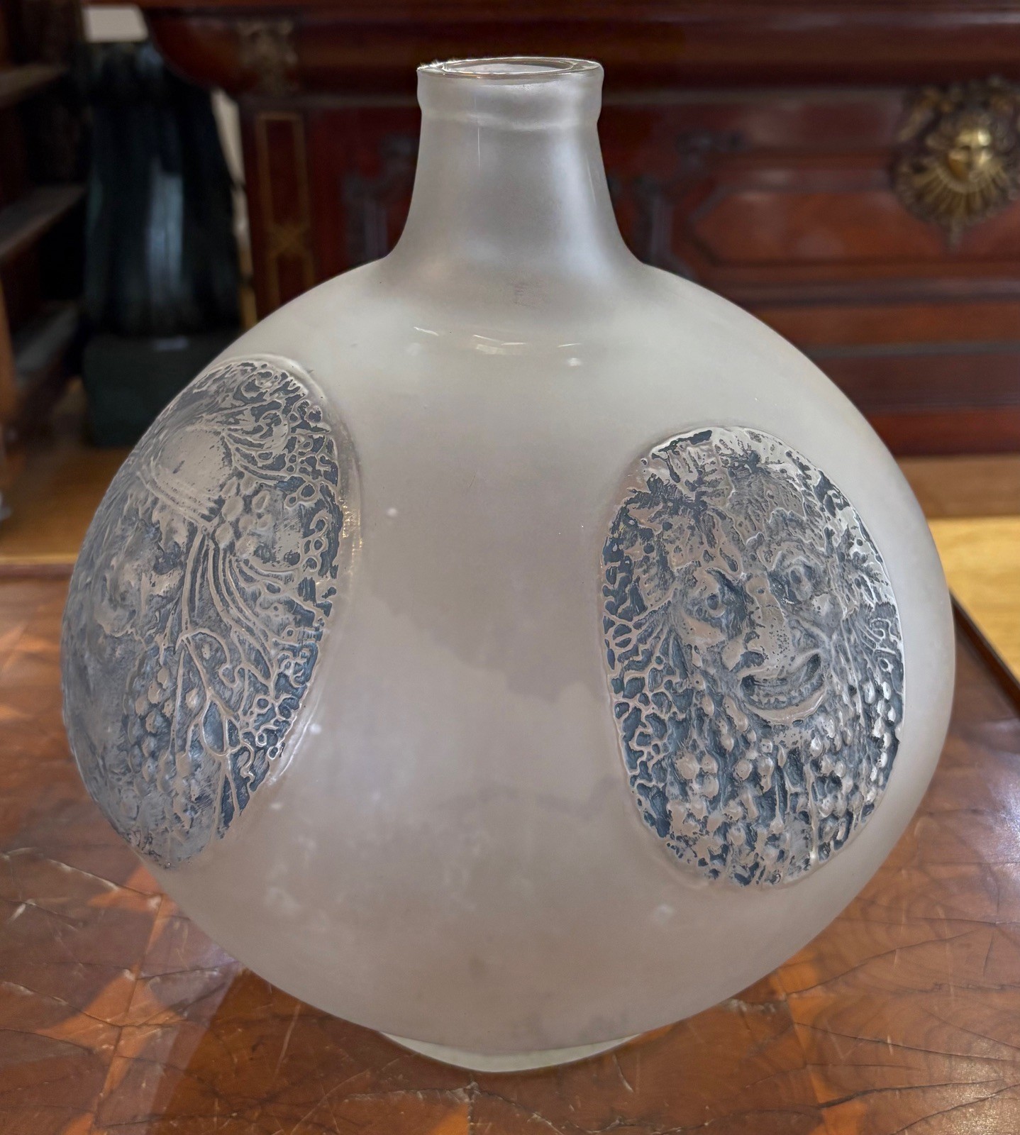 René Lalique Quatre Masques Vase No.878 Frosted Glass c1911 Signed R Lalique