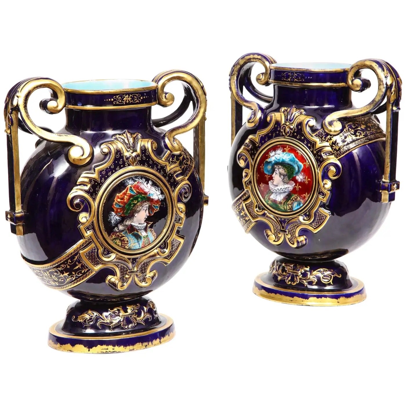 Rare Pair of French Cobalt Blue Porcelain and Limoges Enamel Portrait Vases Rare Pair of French Cobalt Blue Porcelain and Limoges Enamel Portrait Vases