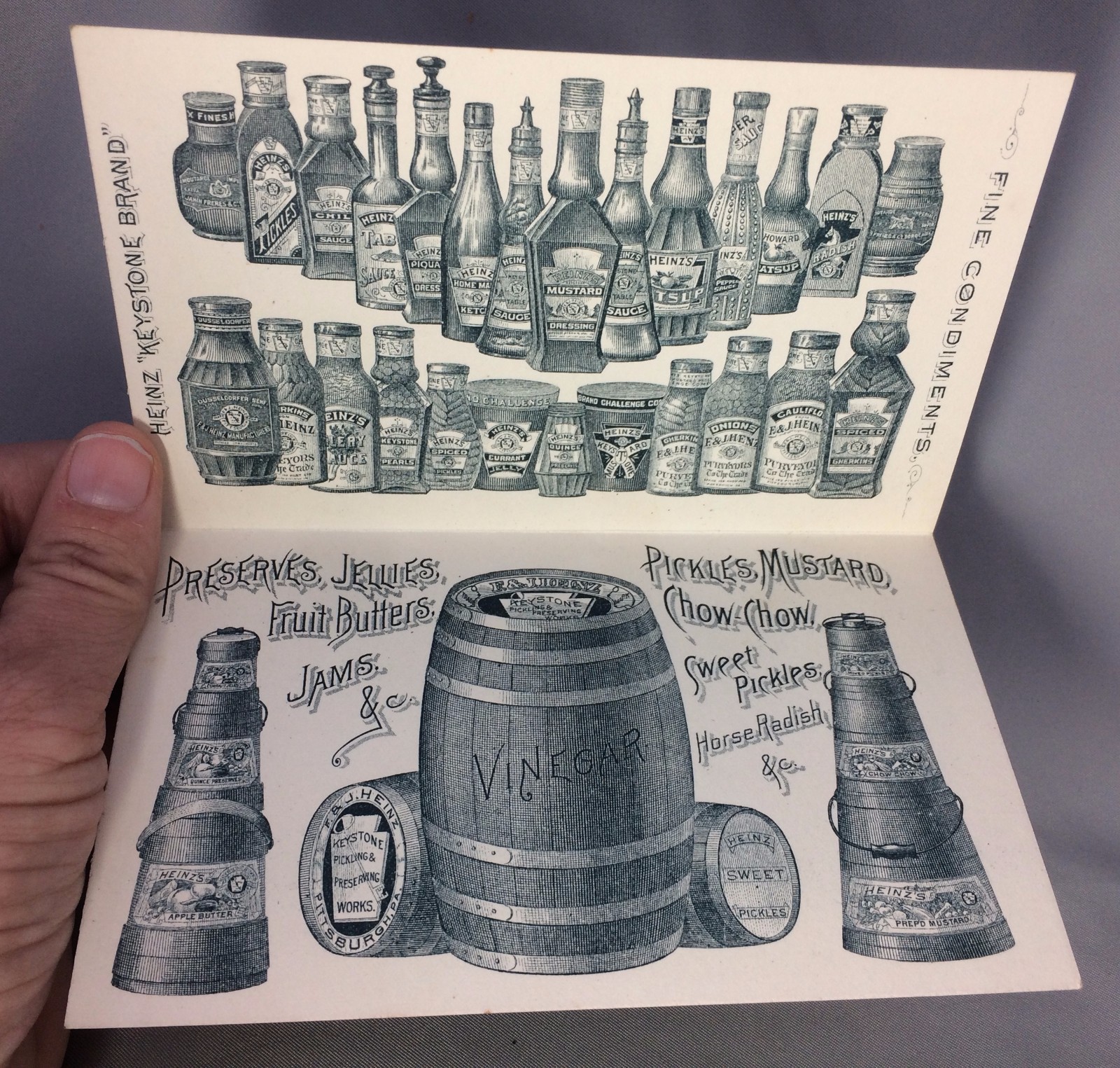 1880s F & J HEINZ PICKLES Vinegar Victorian Advertising ANTIQUE TRADE CARD