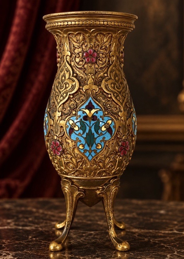 19th C. Barbedienne Bronze & Champlevé Enamel Vase - Édouard Lièvre Design RARE 19th C. Barbedienne Bronze & Champlevé Enamel Vase - Édouard Lièvre Design RARE