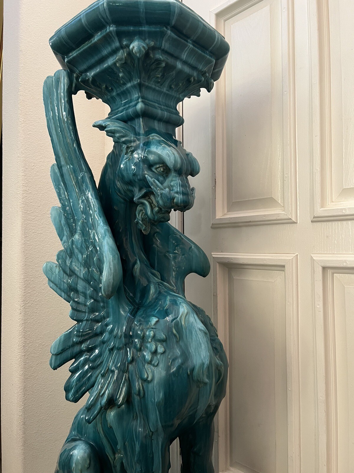 ANTIQUE FRENCH ART NOUVEAU PORCELAIN MAJOLICA WINGED GRIFFIN GRIFFON PEDESTAL