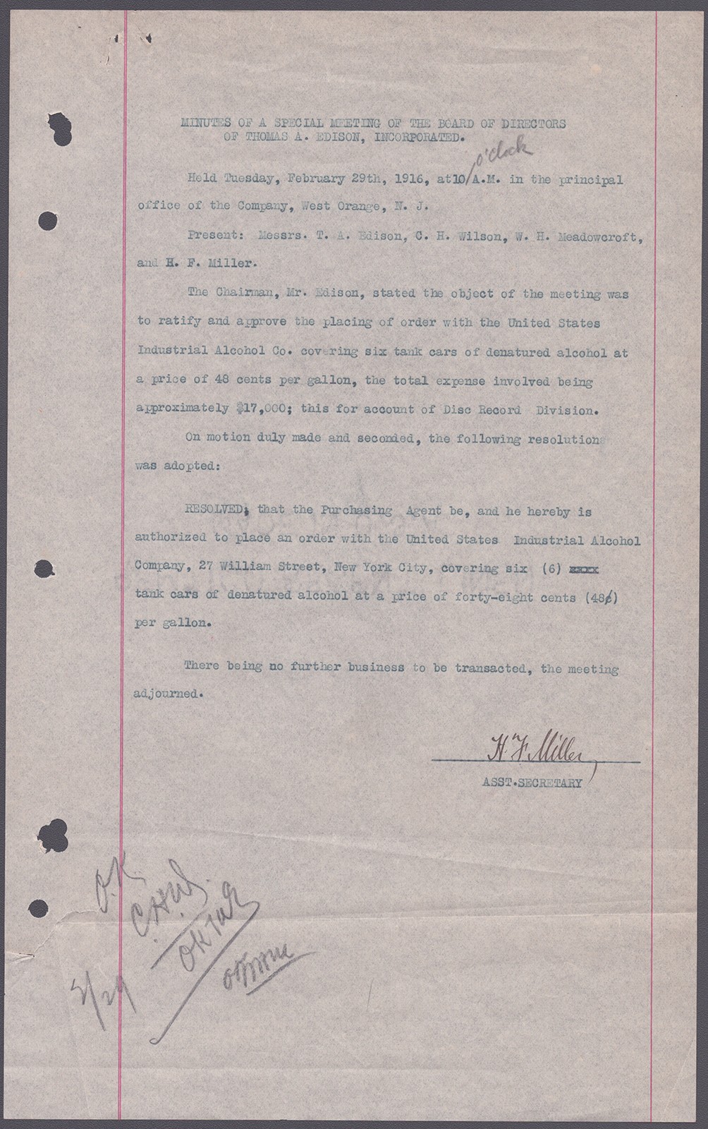 THOMAS A. EDISON - AUTOGRAPH ENDORSEMENT SIGNED 02/29/1916 WITH CO-SIGNERS THOMAS A. EDISON - AUTOGRAPH ENDORSEMENT SIGNED 02/29/1916 WITH CO-SIGNERS