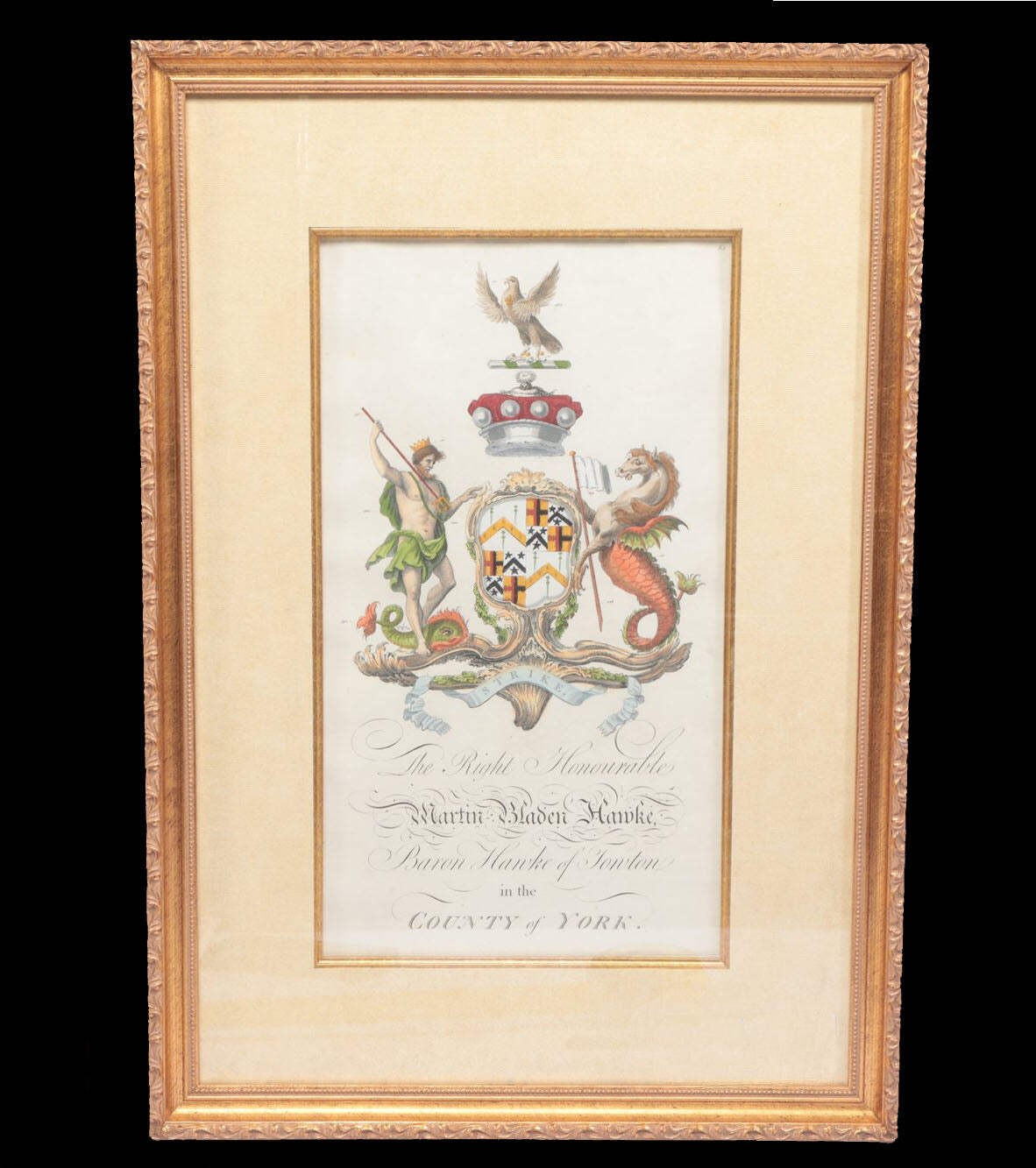 18th-Century British Heraldic Copperplate – Baron Hawke of Towton | Hand-Colored