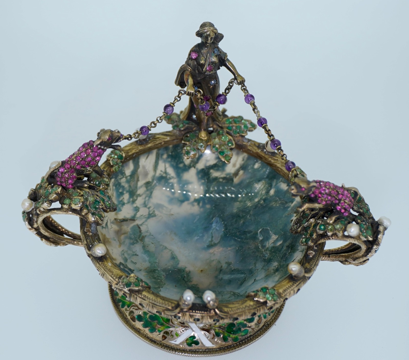 Hermann Bohn Diana the Huntress Austrian Ruby Emerald Pearl Sweetmeat Bonbon Dis