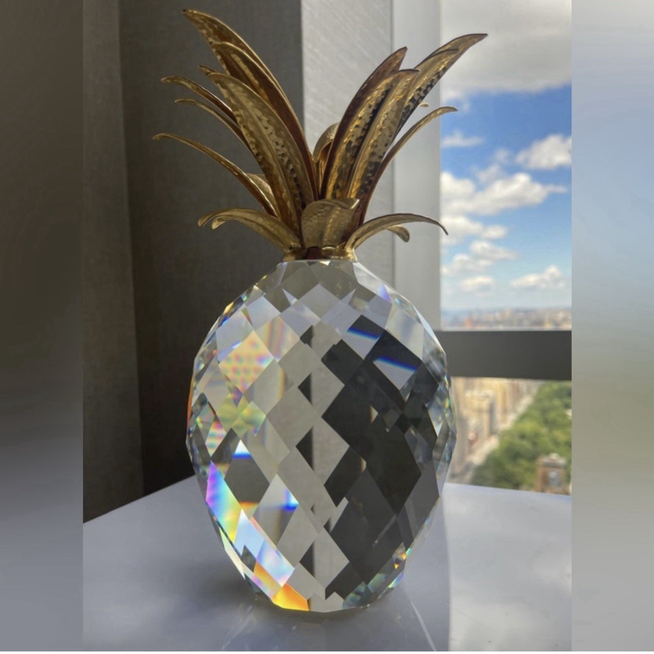 Vintage 1990’s Swarovski GIANT Large Pineapple with Gold Hammered Leaves. H 9.5”