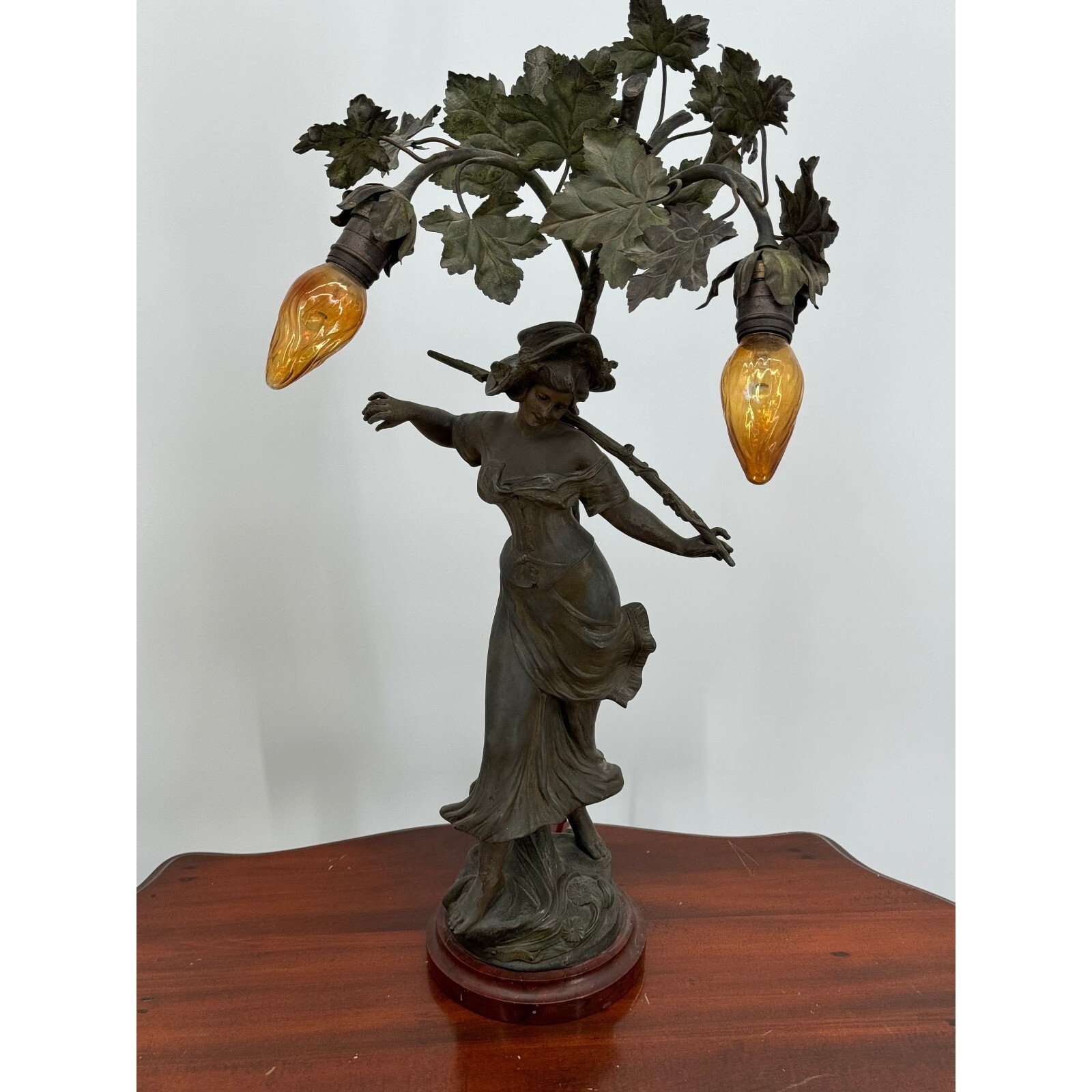 Antique French Spelter Bronze Art Nouveau Newel Post Lamp Lady with Flowers Antique French Spelter Bronze Art Nouveau Newel Post Lamp Lady with Flowers