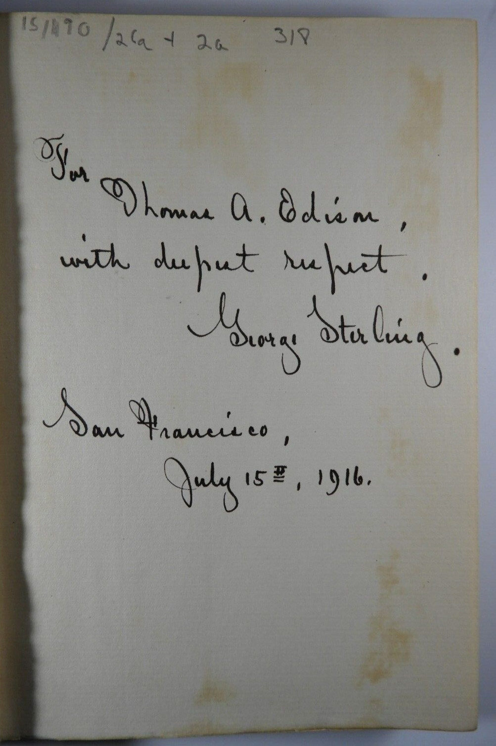 RARE Volume from Thomas Edison's Library, Inscribed by George Sterling to Edison