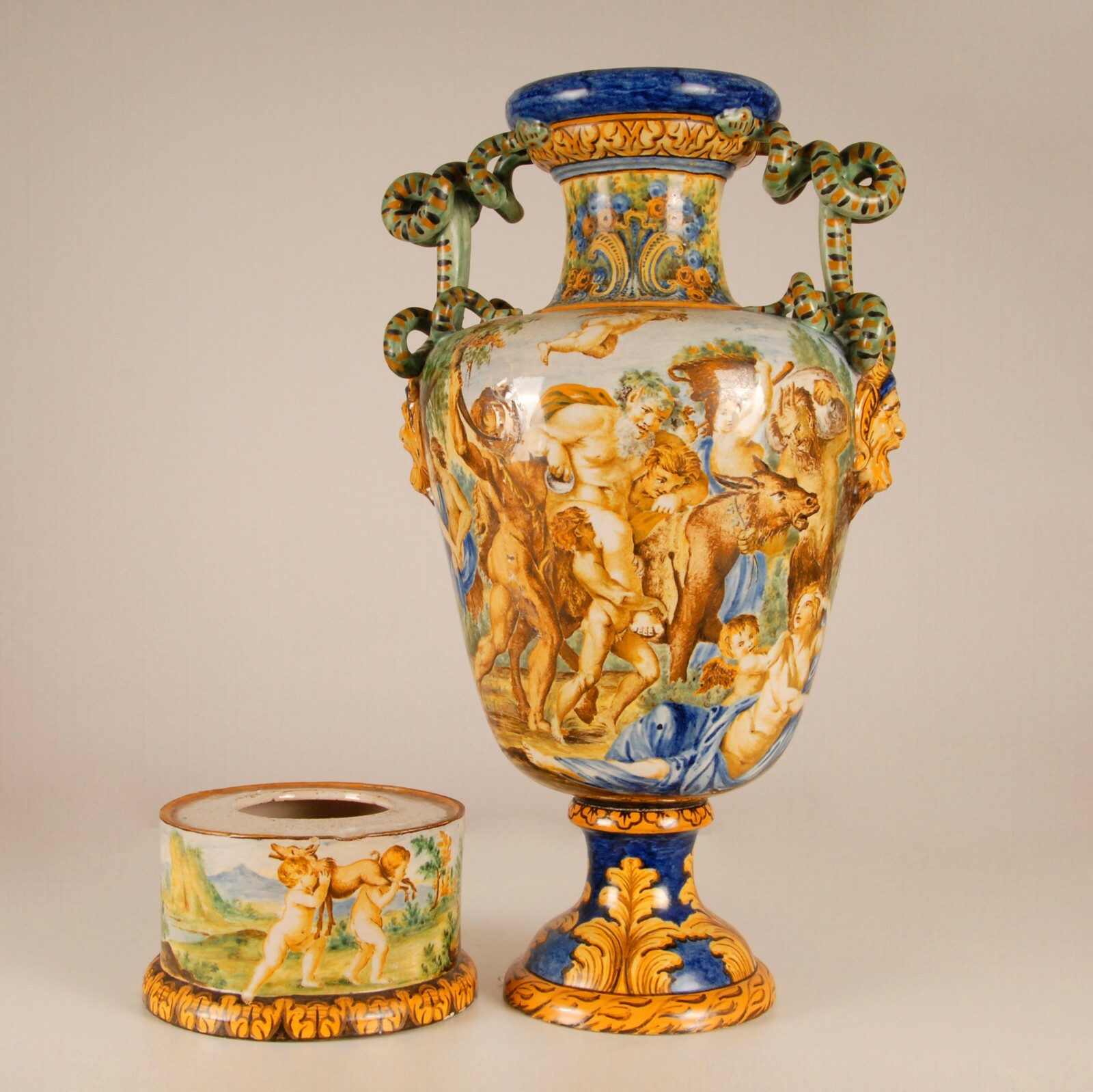 Italian majolica renaissance vase serpentine handles Mythological scene 19th c Italian majolica renaissance vase serpentine handles Mythological scene 19th c
