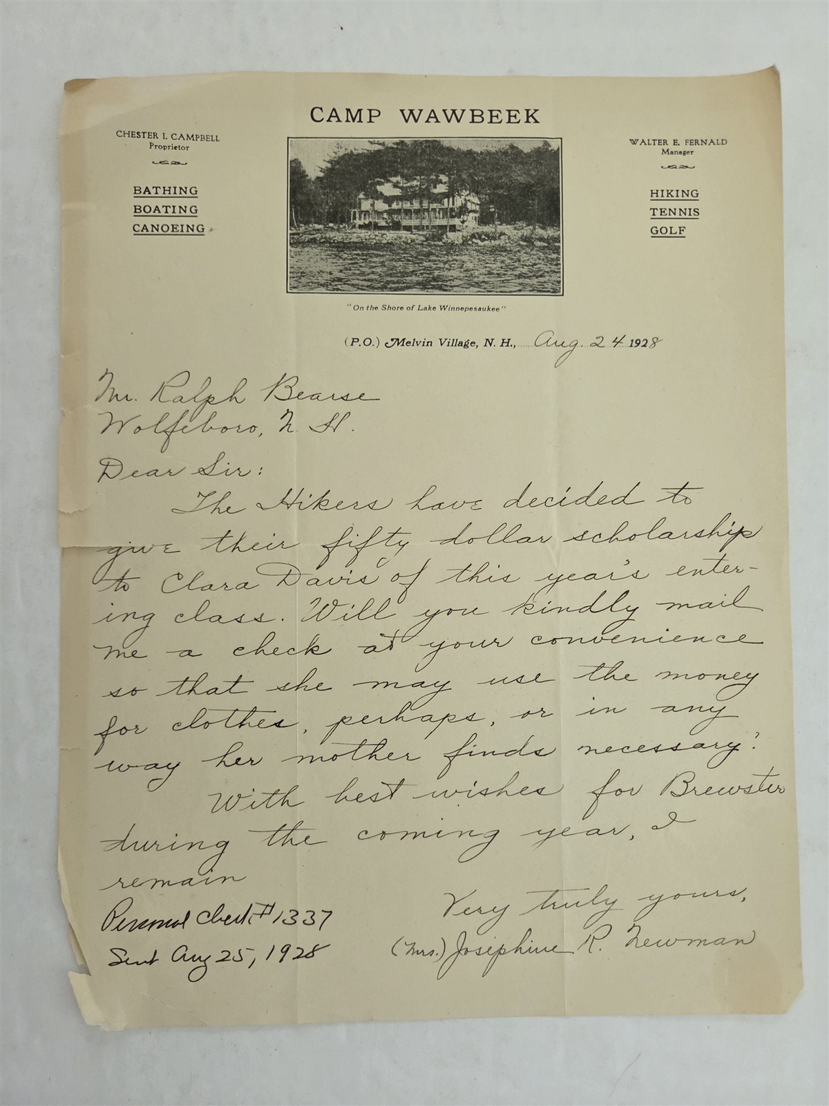 1928 antique CAMP WAWBEEK melvin village nh LETTER scholarship Clara D. Newman