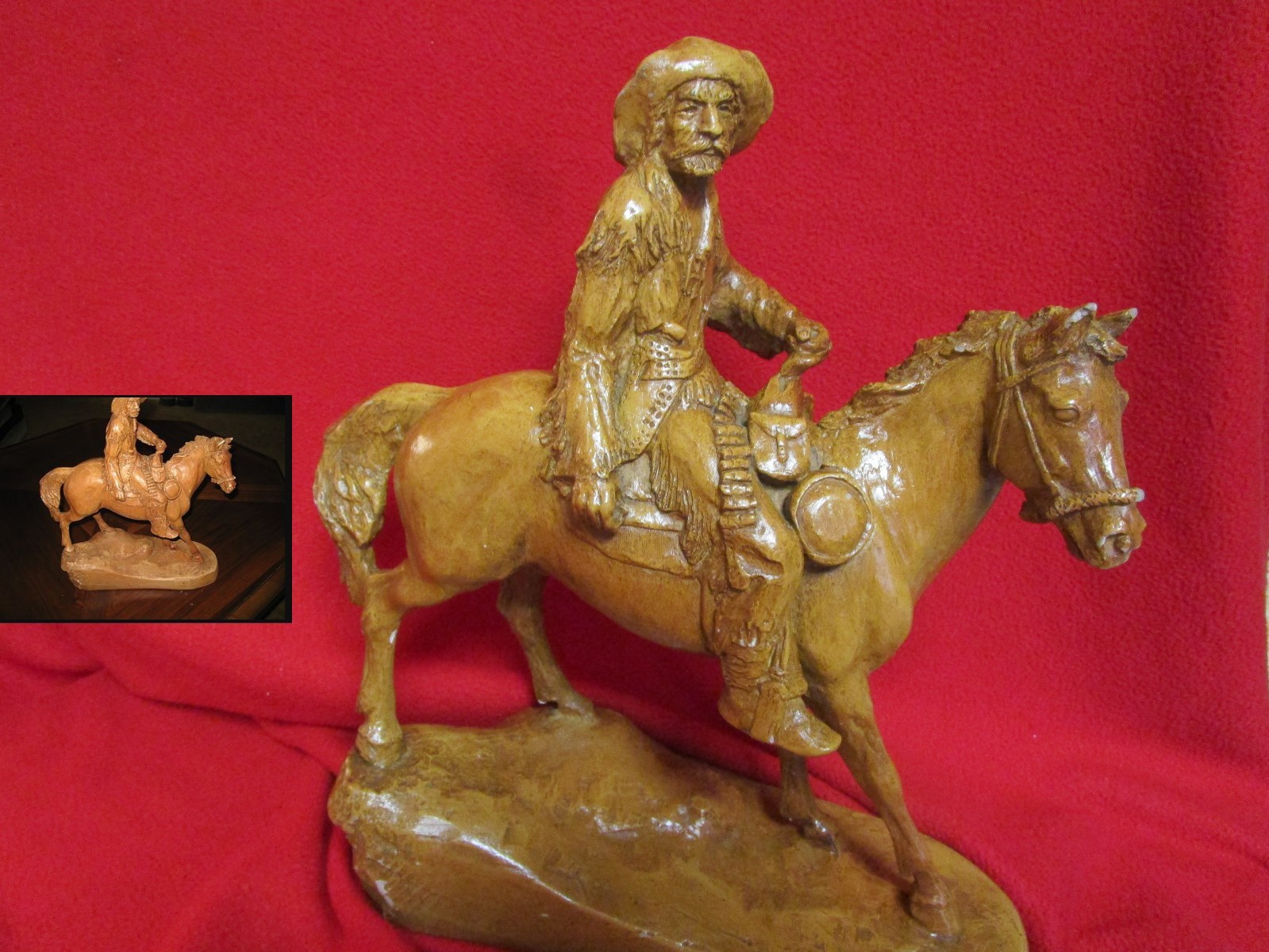 Antique Wood Statue VINTAGE BEAUTIFUL BUFFALO BILL COWBOY HORSE STATUE 