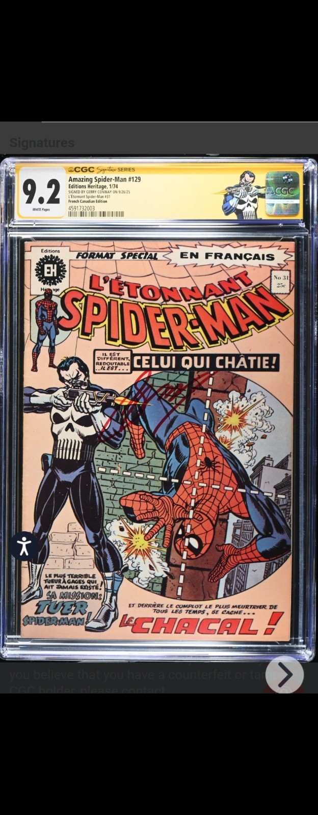 Amazing Spider-man #129 CGC 9.2 French Canadian Sign Gerry by Conaway Very RARE