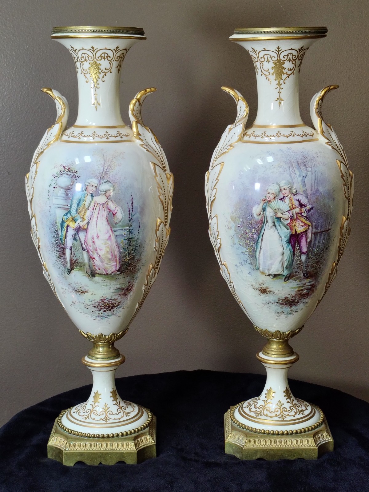 c1890 Pair French Sèvres Porcelain Mounted Urns Signed A. Hété Embossed Gold