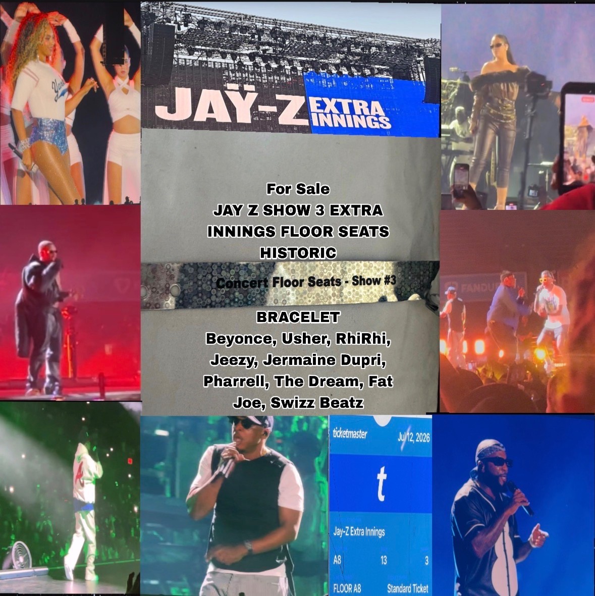 JAY Z SHOW 3 EXTRA INNINGS FLOOR SEATS HISTORIC BRACELET Beyonce, Usher, RhiRhi,