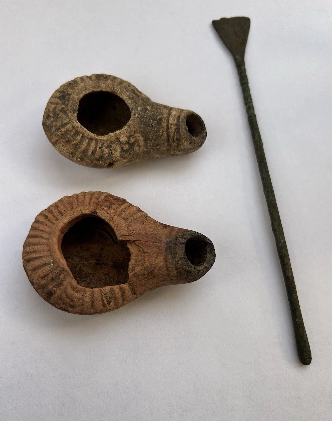 Ancient Syrian Terracotta Oil Lamps (2) + Bronze Tool Authentic Antiquities Lot Ancient Syrian Terracotta Oil Lamps (2) + Bronze Tool Authentic Antiquities Lot