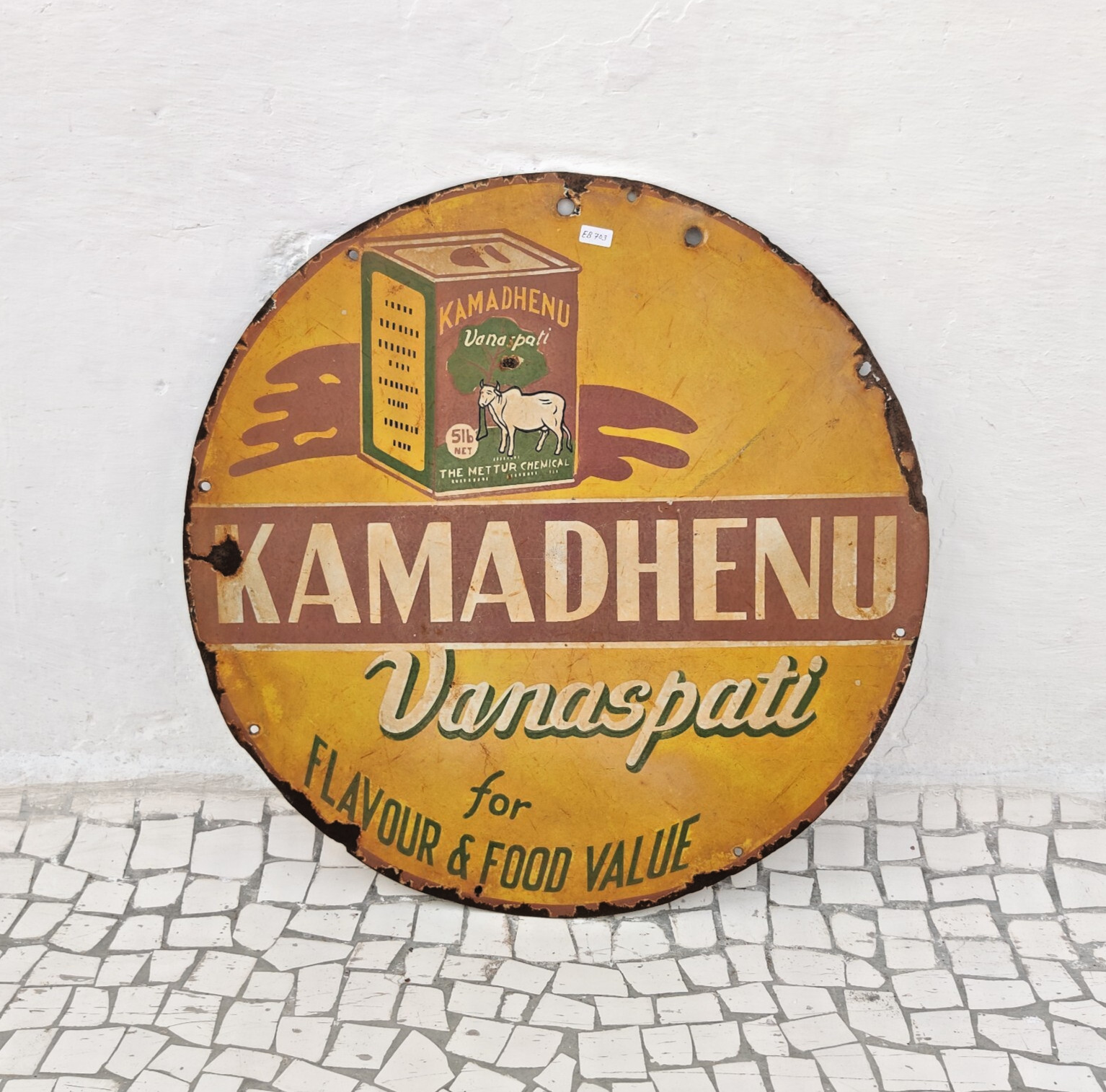 1940s Vintage Kamadhenu Vanaspati Advertising Enamel Sign Board Round Rare EB703