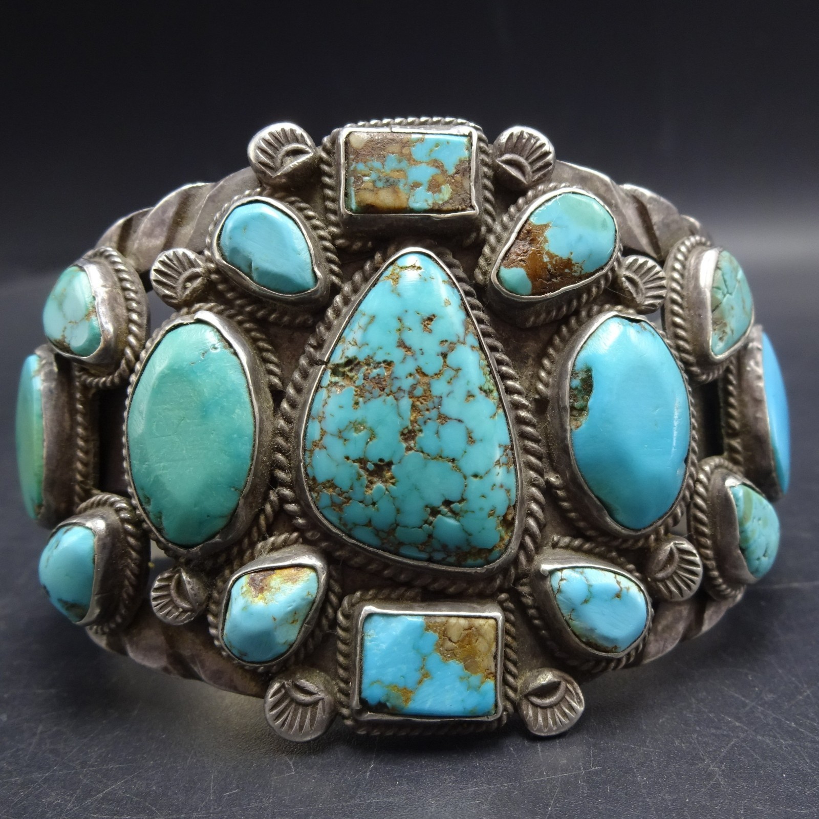 OLD Chisel Stamped Antique Ingot Silver TURQUOISE Cuff BRACELET Vintage Pawn OLD Chisel Stamped Antique Ingot Silver TURQUOISE Cuff BRACELET Vintage Pawn