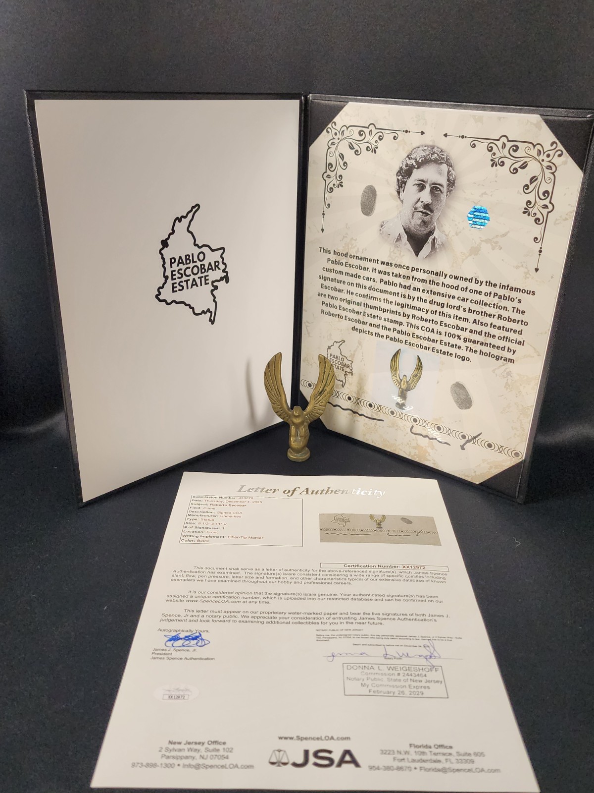 Pablo Escobar Car Hood Ornament With Papers/JSA- Multiple COA Sources Pablo Escobar Car Hood Ornament With Papers/JSA- Multiple COA Sources