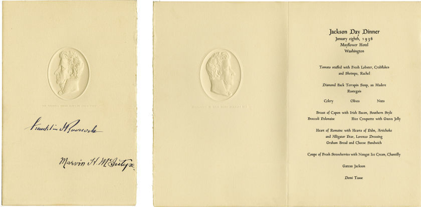 Pristine, President Franklin D. Roosevelt Signed, 1936 Jackson Day Dinner Menu 