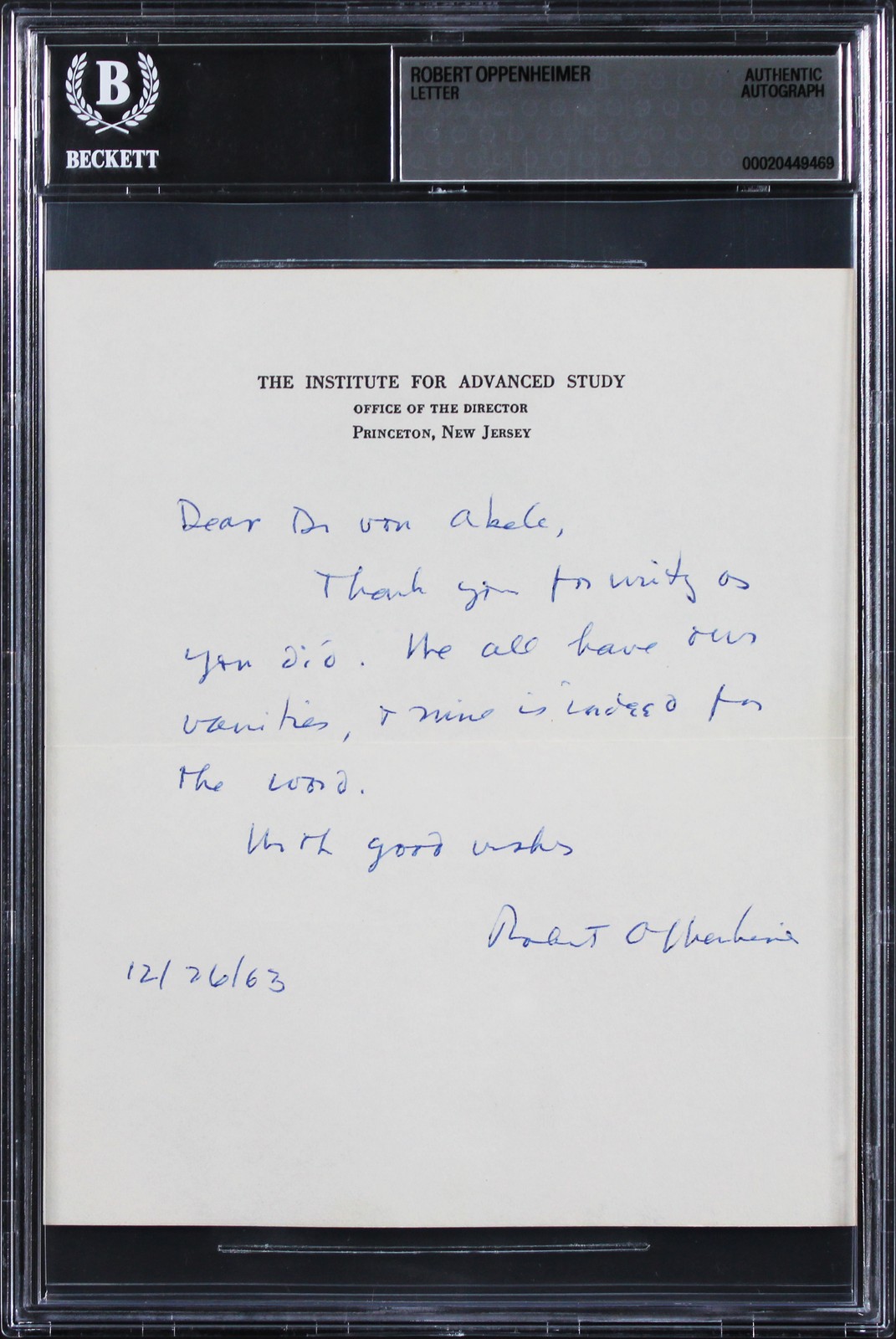 Robert Oppenheimer Signed 5.5x6.5 12/26/1963 Handwritten Letter BAS Slabbed