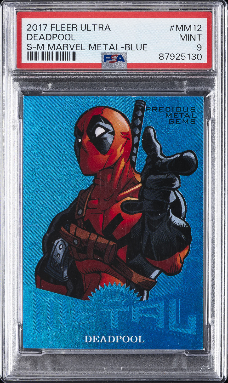 2017 FLEER ULTRA SPIDER-MAN MARVEL METALS BLUE #MM12 DEADPOOL 43/49 PSA 9 2017 FLEER ULTRA SPIDER-MAN MARVEL METALS BLUE #MM12 DEADPOOL 43/49 PSA 9