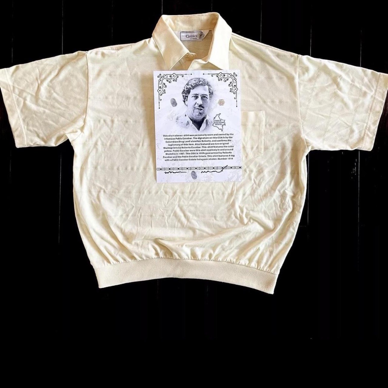 Pablo Escobar PERSONALLY OWNED WORN Shirt Celebrity Owned COA SIGNED AUTOGRAPH Pablo Escobar PERSONALLY OWNED WORN Shirt Celebrity Owned COA SIGNED AUTOGRAPH