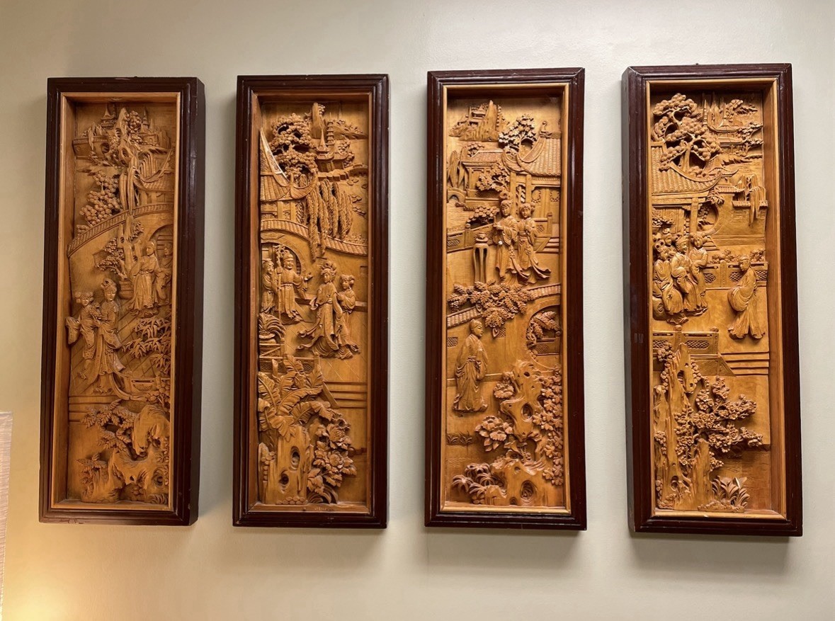 Antique Chinese Dongyang Carved Wood Wall Art Panels Set of 4 