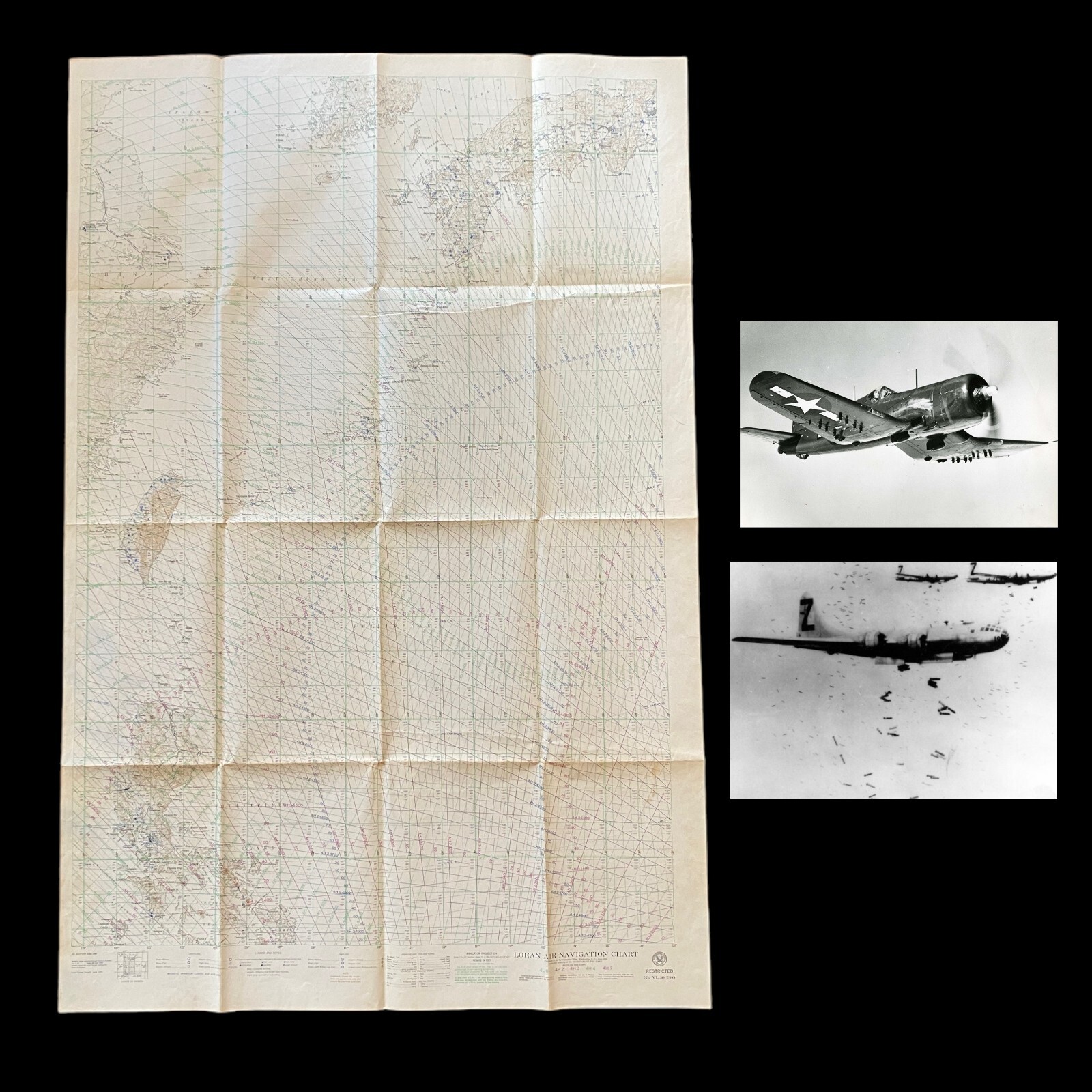RARE WWII 1945 U.S. Navy LORAN Navigation Map Japan Hiroshima Nagasaki Okinawa