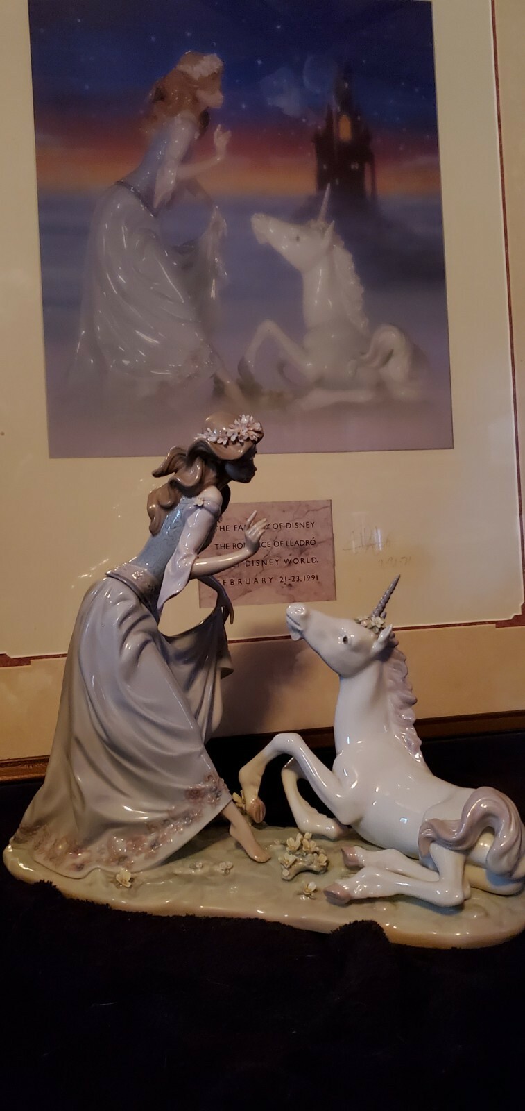 LLADRO #1755 The Princess and the Unicorn + signed Lladro Disney event poster. LLADRO #1755 The Princess and the Unicorn + signed Lladro Disney event poster.