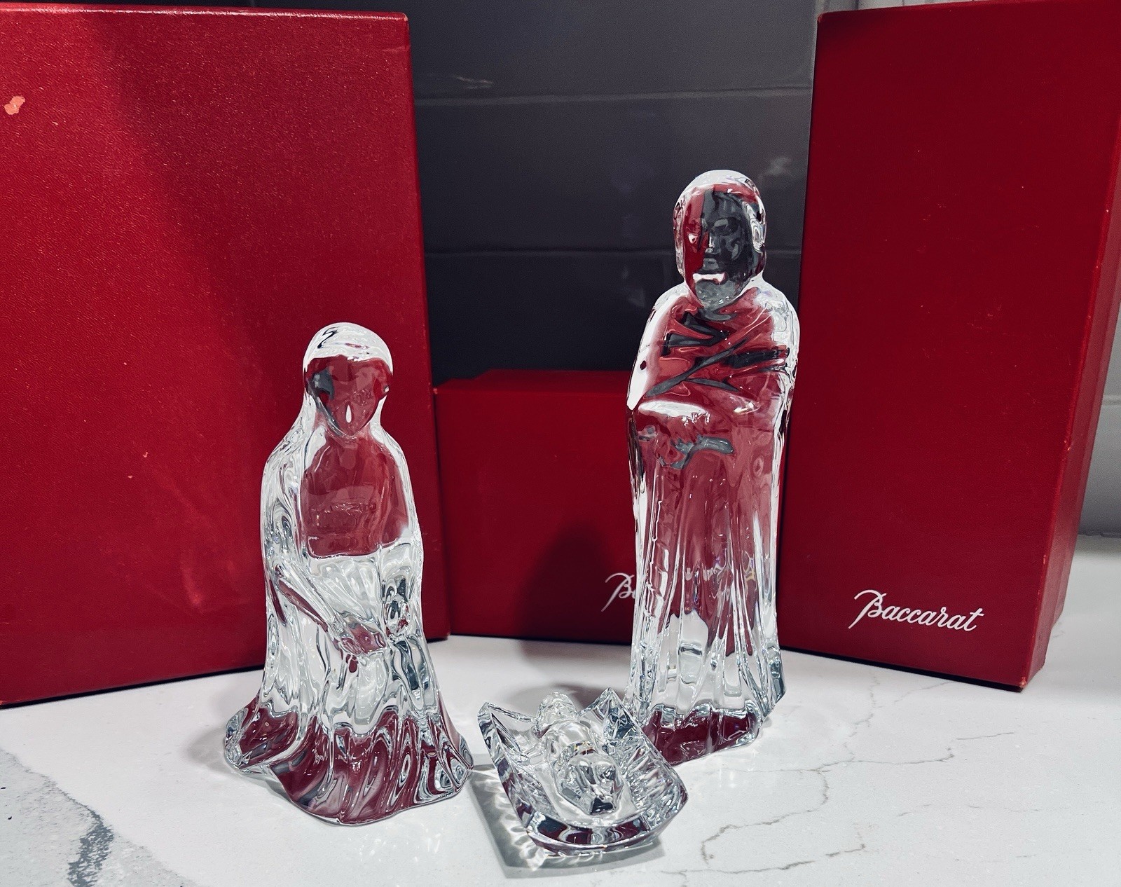 x3 Vtg Baccarat Nativity w/ Boxes Mary Joseph & Baby Jesus Retired Signed MINT