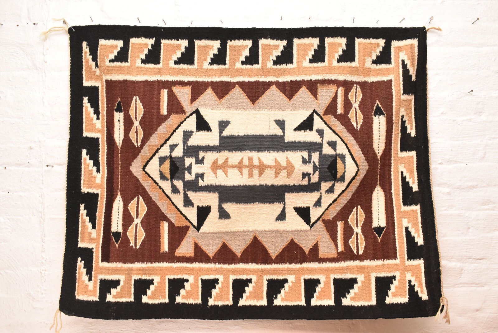 Antique Navajo Rug Textile Native American Indian Feathers 42x33 VTG Weaving