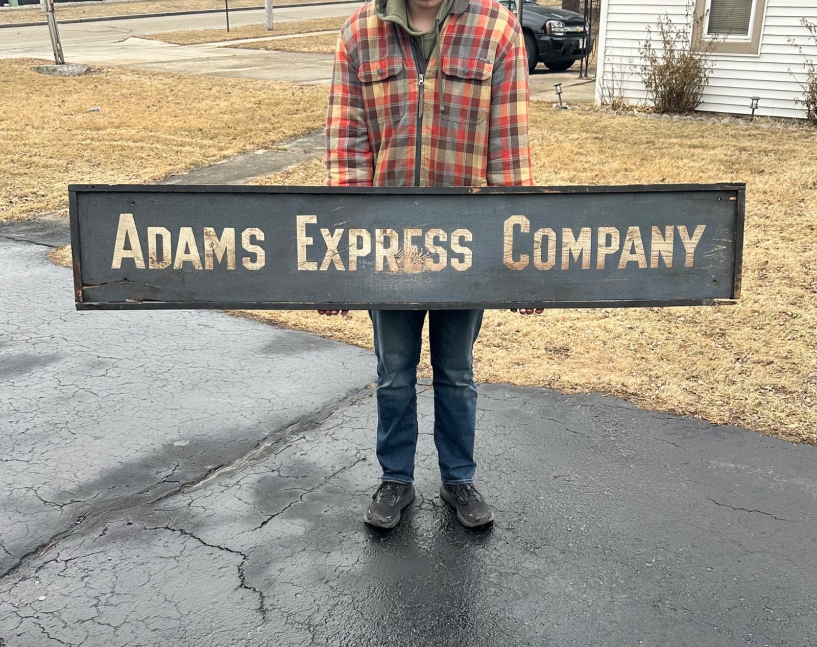 Original c1880s Adams Express Co. Wooden Smaltz Paint Advertising Trade Sign Original c1880s Adams Express Co. Wooden Smaltz Paint Advertising Trade Sign
