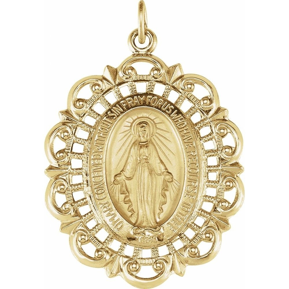 Miraculous Medal in 14K Yellow Gold 32 x 23mm Oval Filigree Framed Miraculous Medal in 14K Yellow Gold 32 x 23mm Oval Filigree Framed