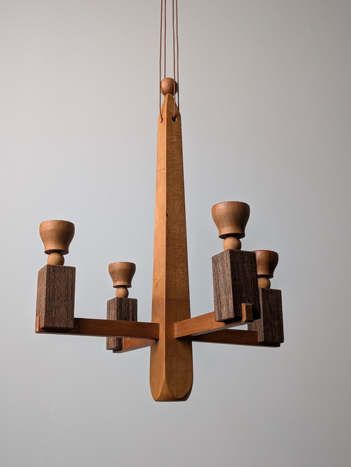 Danish Art Deco Style Wooden Candle Chandelier, 1970s Danish Art Deco Style Wooden Candle Chandelier, 1970s